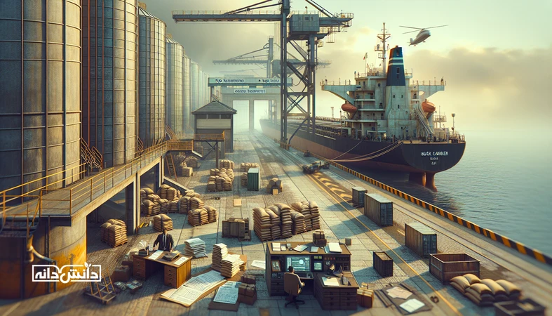 نمایی مستند از بندر و سیلوهای غلات با فضای ترخیص و اسناد، مرتبط با مدیریت ریسک تغییر مقررات در واردات نهاده‌ها و بندهای قراردادی