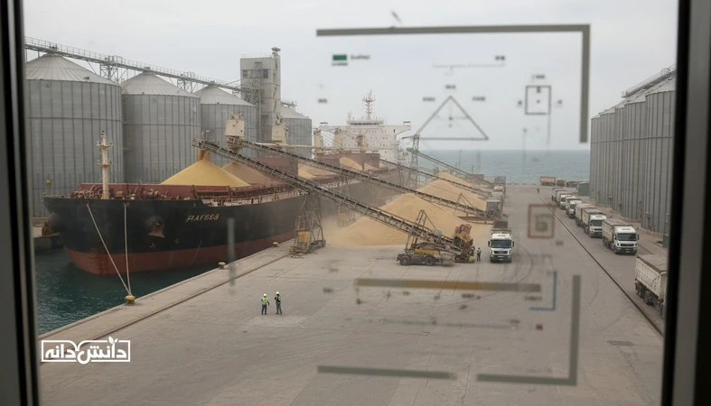 نمای بندر و تخلیه نهاده دامی در کنار حس تحلیلی ماتریس ریسک واردات برای ارز، حمل، کیفیت و مقررات