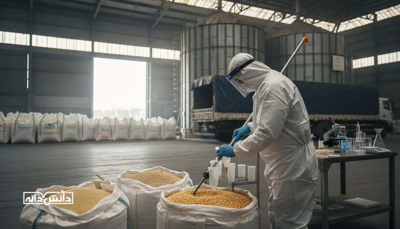 بازرسی و نمونه برداری قرنطینه ای نهاده وارداتی در انبار بندری و آزمایشگاه QC برای کنترل آزمون های بهداشتی و سموم قارچی
