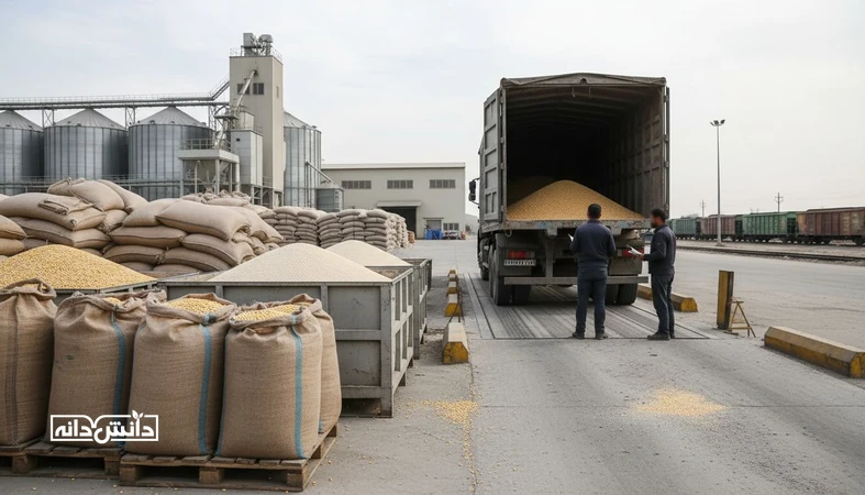 نمای مستند از زنجیره توزیع نهاده دامی در ایران شامل انبار، کامیون حمل و محموله ذرت و کنجاله سویا برای تحلیل سیاست های توزیع و اثر بر قیمت