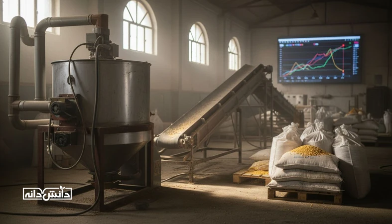 کارخانه خوراک دام با میکسر و کیسه‌های ذرت و کنجاله سویا در کنار نمودارهای محو برای نمایش جیره اقتصادی و روش Least Cost بر اساس قیمت روز نهاده‌ها