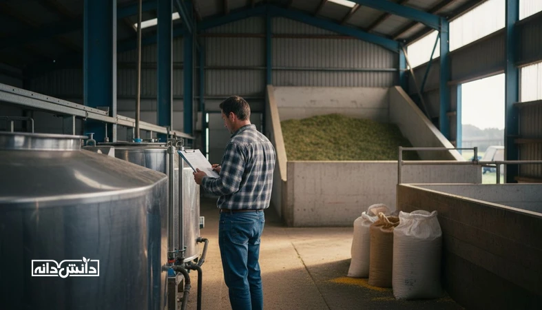 مدیر گاوداری صنعتی در حال بررسی بهای تمام‌شده شیر و هزینه خوراک کنار تانک سردکن شیر و انبار نهاده