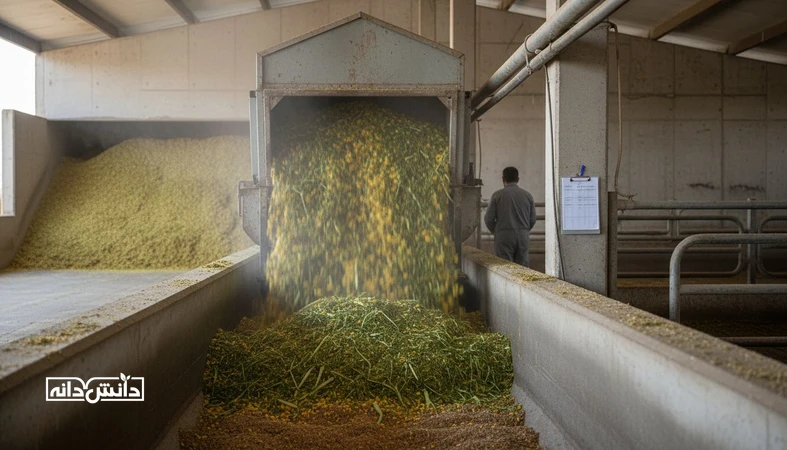 صحنه تخلیه جیره TMR در گاوداری شیری با علوفه و غلات برای توضیح تنظیم NDF مؤثر و نشاسته جهت افزایش چربی شیر