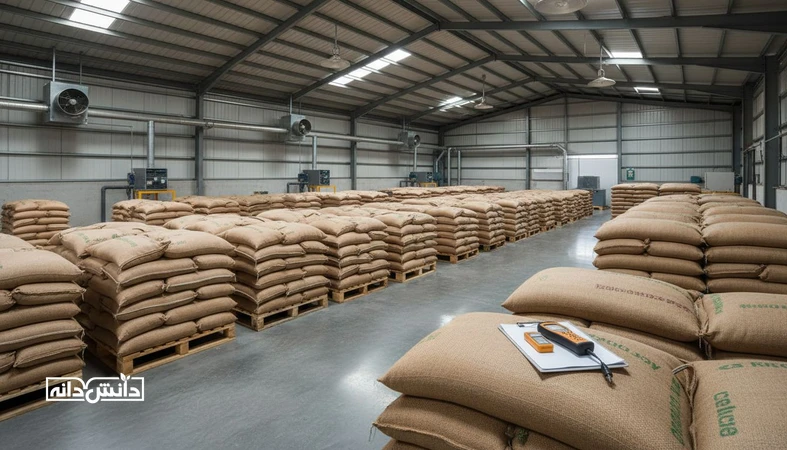 انبار نهاده دامی با چیدمان اصولی، تهویه و پایش رطوبت برای ذخیره سازی نهاده بدون کپک