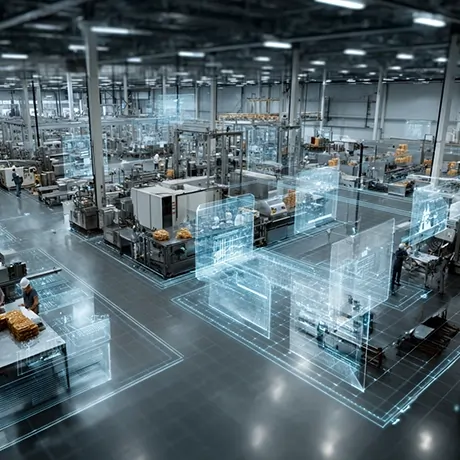 نمایی از یک کارخانه صنعتی با استفاده از فناوری دیجیتال و مدل‌سازی سه‌بعدی، که فرآیندهای تولید را به‌صورت مجازی نمایش می‌دهد.