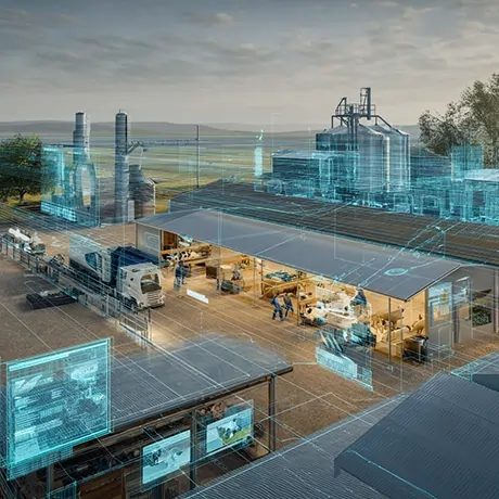 نمایی از یک کارخانه صنعتی با استفاده از مدل‌سازی دیجیتال، که فرآیندهای تولید و عملیات آن را به‌صورت سه‌بعدی نمایش می‌دهد.