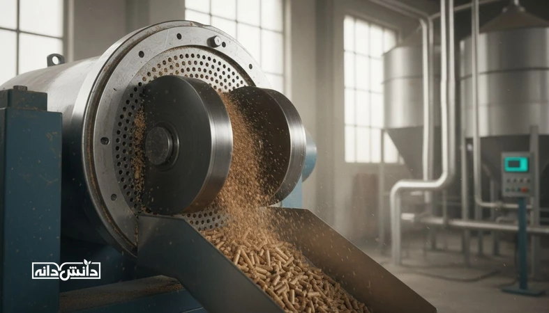 نمای نزدیک دای و رولر دستگاه پلت در خط تولید خوراک دام و طیور با تمرکز بر اثر تنظیمات بر ظرفیت و کیفیت پلت