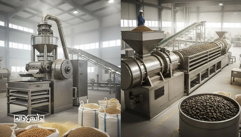 مقایسه خط تولید خوراک پلت و اکسترود در کارخانه خوراک دام و آبزیان با نمایش تجهیزات کاندیشنینگ، پلت پرس و اکسترودر