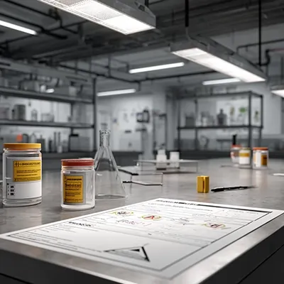 فضای آزمایشگاهی صنعتی با اسناد فنی، ظروف مواد، ابزار آزمایش و برگه‌های بررسی کیفیت روی میز کار