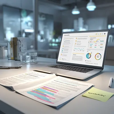 میز کار تحلیلی با لپ‌تاپ نمایش‌دهنده داشبورد داده، اسناد متنی هایلایت‌شده و یادداشت‌های کاری در محیط اداری