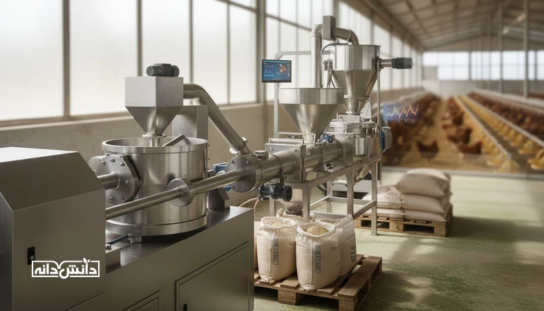 نمای صنعتی از کارخانه خوراک طیور با تجهیزات میکسر و پلت و حس تحلیل داده؛ مرتبط با محاسبه سودآوری فیتاز و زایلاناز در جیره طیور
