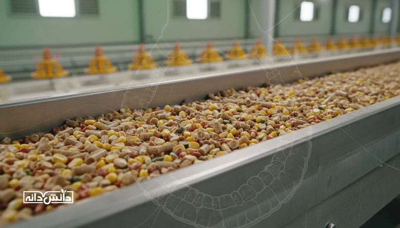 نمای نزدیک دان پلت و غلات در محیط صنعتی مرغداری با تاکید بر سلامت روده طیور، نقش فیبر و اسیدهای آلی در مدیریت خوراک