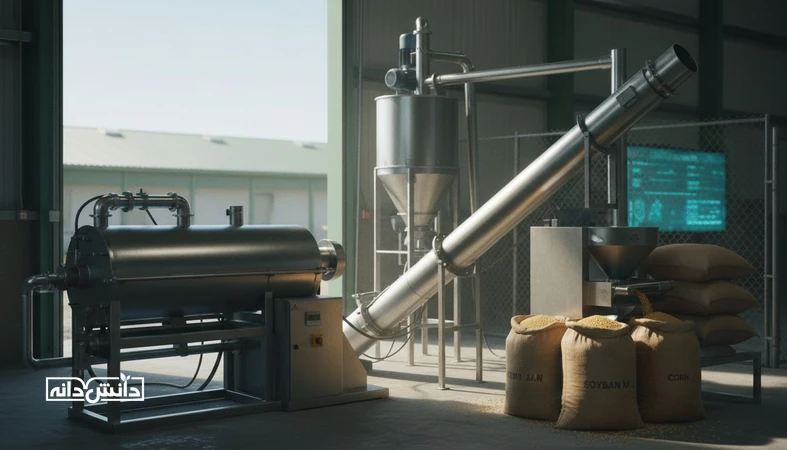 کارخانه خوراک طیور با تجهیزات میکسر و مواد اولیه برای بالانس پروتئین و اسیدآمینه و کاهش ضایعات نیتروژن