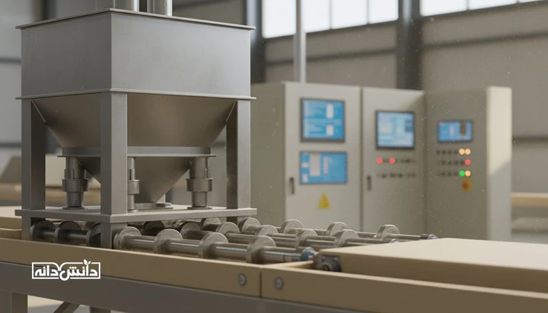 نمای نزدیک از سیستم توزین و دوزینگ دقیق در کارخانه خوراک دام و طیور برای کنترل خطای وزن گیری و بهبود کیفیت خوراک