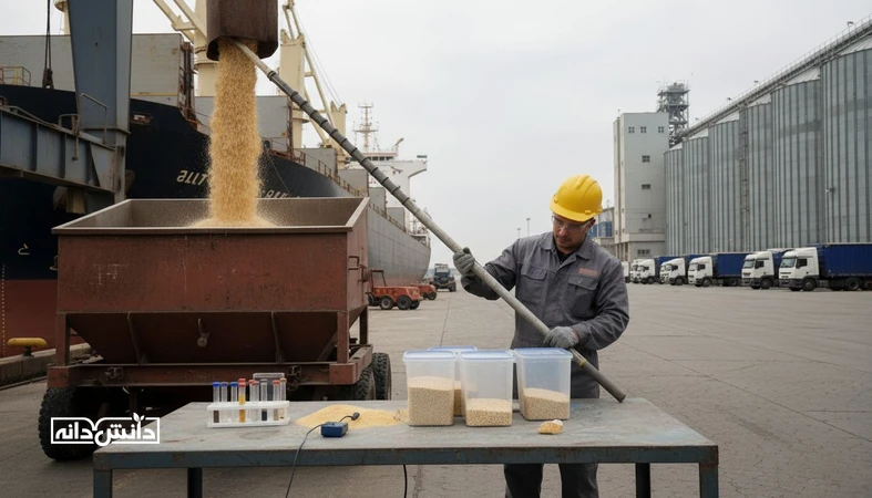 بازرسی و نمونه‌گیری محموله نهاده دامی در بندر برای مدیریت ریسک کیفیت در خرید بین‌الملل و تعیین حدود پذیرش