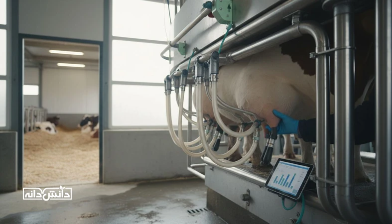 نمای واقعی از سالن شیردوشی و کنترل بهداشت در دامداری برای کاهش SCC و بهبود کیفیت شیر
