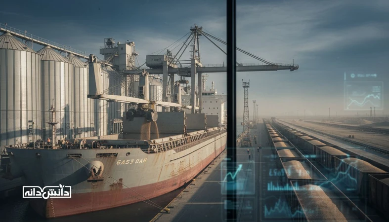 نمای بندر و سیلوهای غلات با کشتی حمل نهاده و فضای تحلیلی ریسک، مرتبط با اثر جنگ و تحریم بر تجارت نهاده دامی و سناریوهای تأمین پایدار