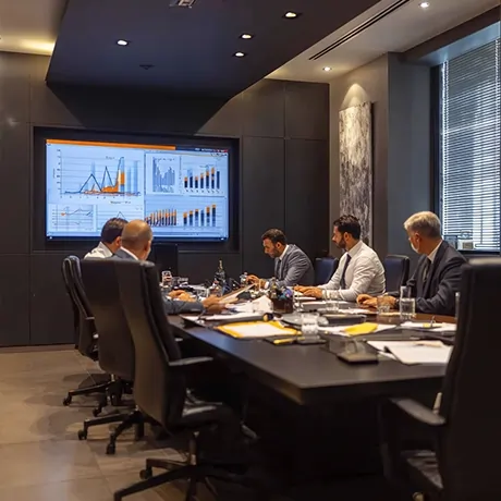 گروهی از مدیران در حال بررسی نمودارها و داده‌های مالی در جلسه‌ای تجاری، با صفحه‌نمایش دیجیتال بزرگ به نمایش داده‌های تجزیه و تحلیل بازار.