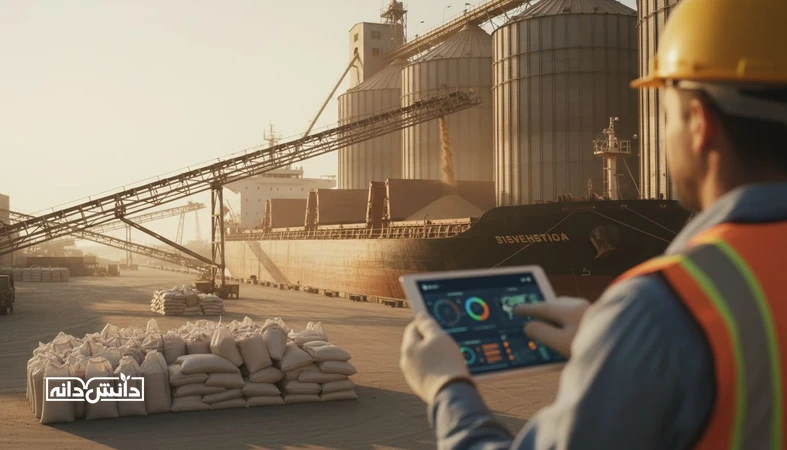 نمای مستند از بندر و سیلوهای صادراتی در فصل برداشت برزیل و آرژانتین، مرتبط با اثر برداشت بر قیمت جهانی کنجاله سویا و فرصت خرید برای ایران