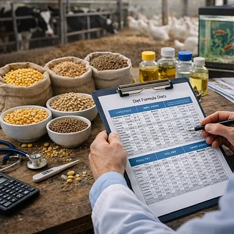 فردی در حال بررسی فرمول‌های تغذیه دام بر روی پرونده‌ای با جدول داده‌ها، در کنار کیسه‌ها و کاسه‌هایی از غلات مختلف و بطری‌های روغن در یک محیط مزرعه