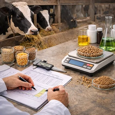 فردی در حال ثبت داده‌ها و وزن‌کردن مواد غذایی برای دام با استفاده از ترازوی دیجیتال، در حالی که گاوها از پشت دیوار مشاهده می‌شوند.