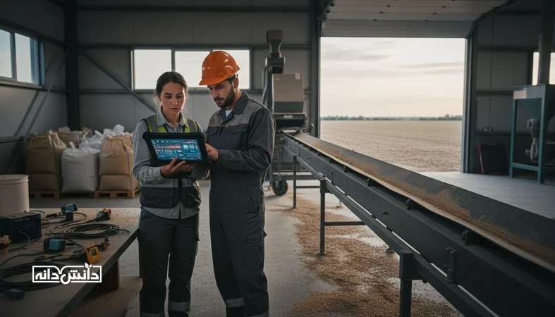 نمایی مستند از بررسی داده های مزرعه روی تبلت در کنار تجهیزات کشاورزی، مرتبط با خطاهای رایج AI کشاورزی و اهمیت کیفیت داده