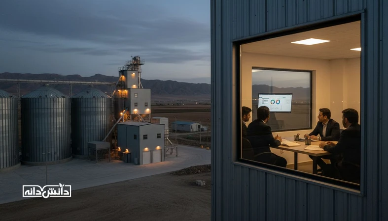 صحنه تصمیم گیری فروش سازمانی در AgriTech با پس زمینه سیلو و کارخانه خوراک و داشبوردهای داده محو، مرتبط با کمیته خرید و چرخه تصمیم B2B