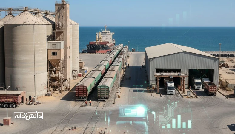 نمایی مستند از بندر و سیلوهای غلات با کامیون و قطار؛ تصویر مرتبط با AgriTech در لجستیک نهاده و کاهش هزینه حمل و تاخیر