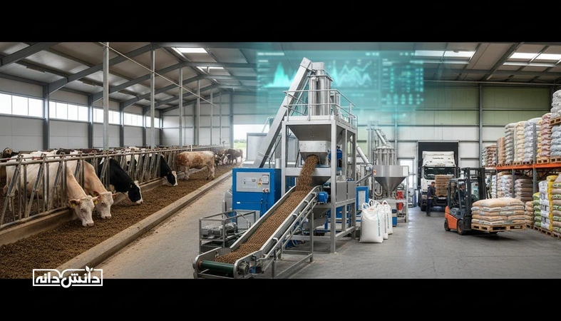 تصویر مستند از زنجیره AgriTech شامل دامداری، کارخانه خوراک و انبار توزیع نهاده برای مقایسه بازار هدف و معیارهای ROI، داده و چرخه خرید