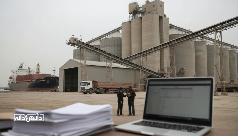 نمای بندر و سیلوهای غلات با فضای تحلیلی درباره محدودیت‌های بانکی و ریسک پرداخت در تجارت نهاده دامی
