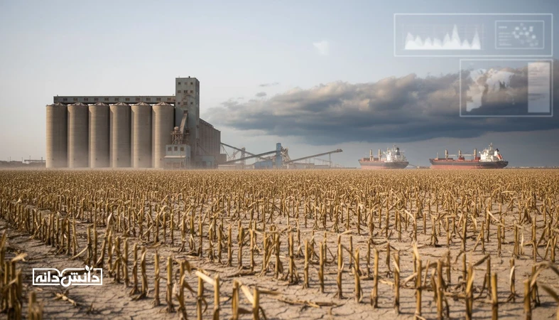 نمایی مستند از مزرعه غلات، سیلو و بندر در شرایط تنش آب‌وهوایی برای توضیح ریسک عرضه نهاده‌های دامی در بازار جهانی