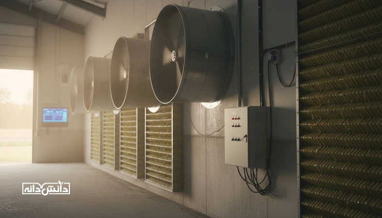 سیستم تهویه و سرمایش سالن مرغداری در تابستان با فن‌های اگزاست و پد تبخیری برای کاهش تلفات انرژی
