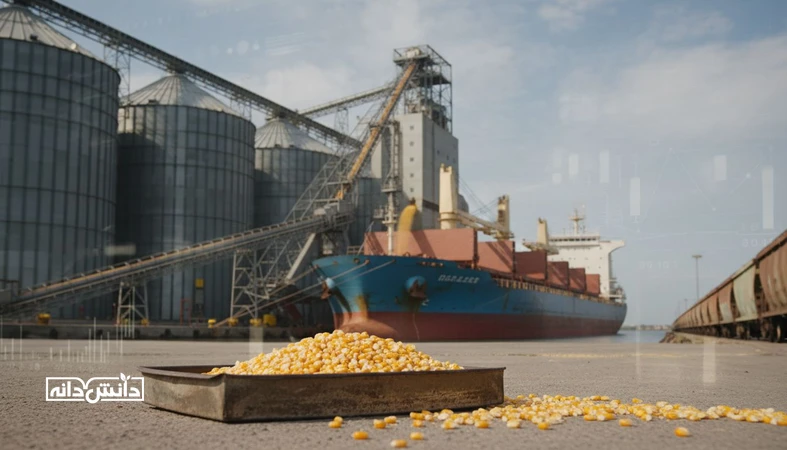نمایی واقعگرا از سیلو و بندر صادرات ذرت با حس نمودارهای تحلیلی محو، برای توضیح اختلاف قیمت نقد و آتی و مفهوم Basis در قیمت جهانی ذرت