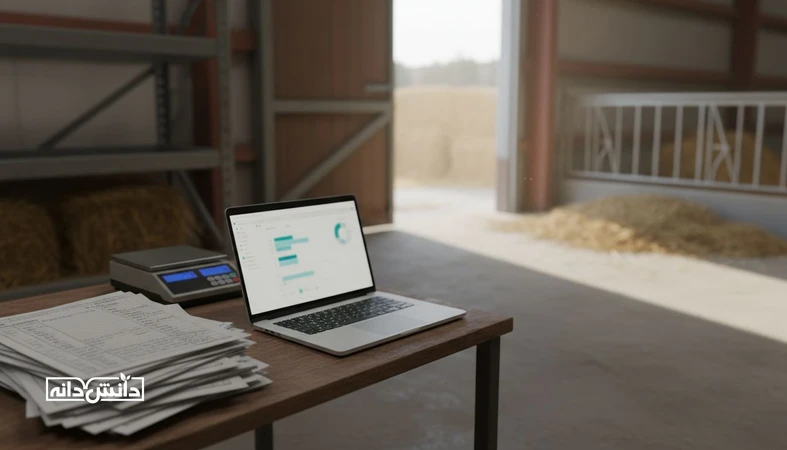 صحنه‌ای مستند از دفتر فارم کنار انبار خوراک با لپ‌تاپ و داشبورد محو، برای موضوع پاکسازی داده‌های فارم و خطاهای دیتایی