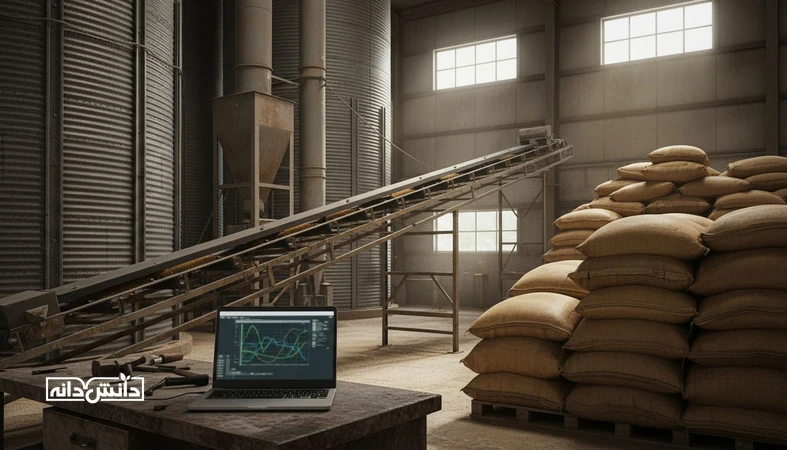 نمای صنعتی از انبار غلات و کارخانه خوراک با لپ تاپ و نمودار محو برای مفهوم شاخص ترکیبی قیمت خوراک (Feed Basket Index)