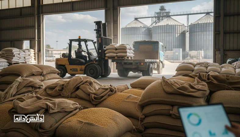 انبار نهاده دامی و کامیون حمل خوراک با فضای صنعتی؛ نمایش هزینه های پنهان بازارگاه مانند لجستیک، تاخیر تحویل و کیفیت نهاده