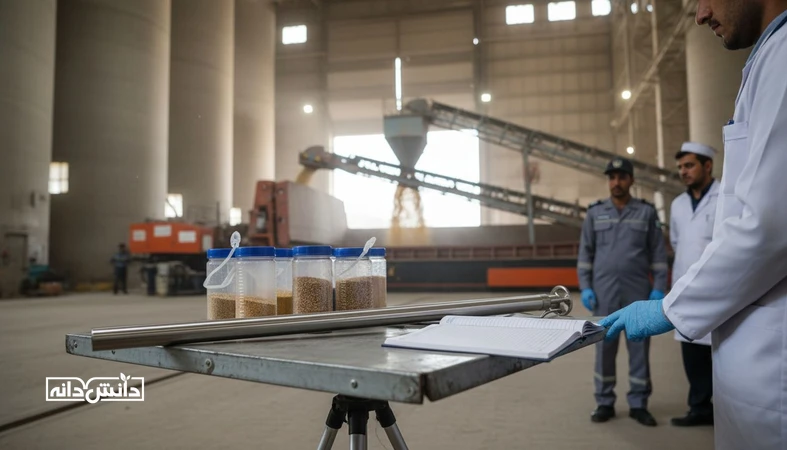 بازرسی و نمونه‌برداری بهداشتی محموله خوراک دام در بندر، مرتبط با مجوزهای واردات و الزامات قرنطینه و کنترل کیفیت