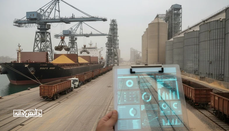 نمایی واقع‌گرا از بندر و سیلوهای غلات با کامیون‌ها و فضای تحلیل داده، مرتبط با ریسک سرمایه‌گذاری در نهاده، سناریوهای ارزی و لجستیک