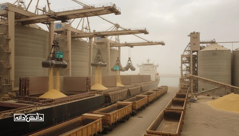 نمای بندر و سیلوهای غلات با کامیون و قطار در حال بارگیری، نشان‌دهنده محدودیت‌های حمل و اثر لجستیک بر بازار نهاده دامی