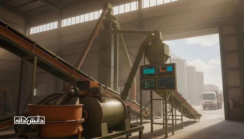 نمایی مستند از خط تولید کارخانه خوراک دام و طیور با تجهیزات پلت و سیلوها برای گزارش ظرفیت تولید و چالش های صنعت خوراک