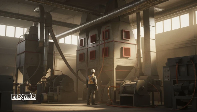 نمای داخلی کارخانه خوراک با سیستم جمع آوری گردوغبار و تجهیزات ایمنی برای کنترل انفجار گردوغبار