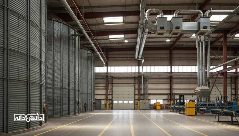 نمای صنعتی از سیلو و انبار کارخانه خوراک با تمرکز بر طراحی مسیر مواد، تهویه و کنترل رطوبت برای کاهش کپک و خطای بچ