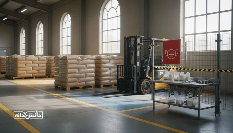 انبار کارخانه خوراک با ناحیه قرنطینه داخلی، تفکیک پالت‌ها و کنترل تردد برای جلوگیری از انتشار آلودگی