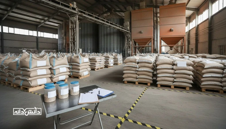 صحنه مستندسازی و ردیابی بهداشتی نهاده در انبار خوراک با نمونه برداری و آماده سازی برای ممیزی