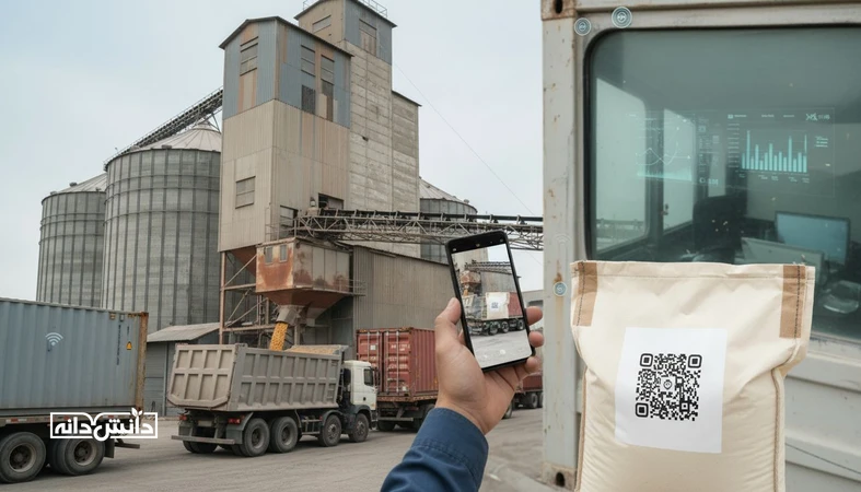 نمایی مستند از زنجیره تامین نهاده دامی با سیلو، حمل و اسکن برچسب برای ردیابی نهاده (Traceability) و کنترل کیفیت