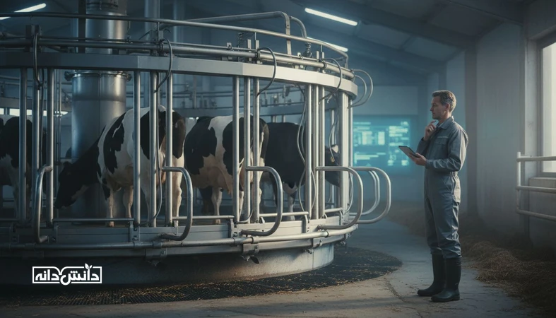 سالن شیردوشی صنعتی با نمایش حس پایش داده برای تحلیل داده های شیردوشی و تشخیص افت تولید شیر در گاوداری