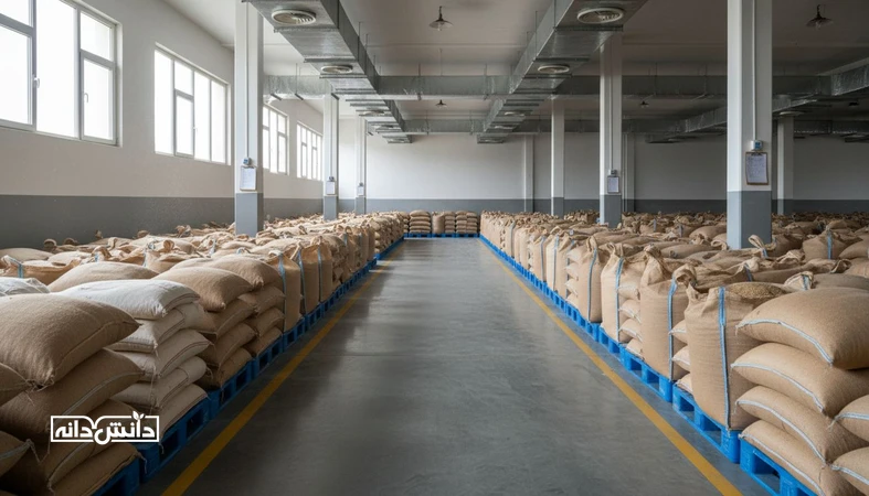 نمای داخلی انبارداری مدرن نهاده با چیدمان استاندارد روی پالت، راهروهای دسترسی، تهویه و آماده‌سازی برای اجرای FIFO/FEFO