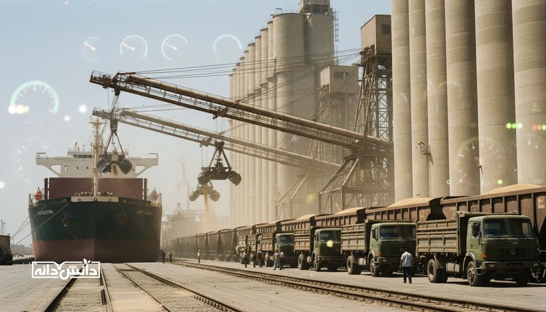 صحنه لجستیک حمل ترکیبی نهاده دامی در بندر با کشتی فله، سیلو، واگن قطار و کامیون برای کاهش هزینه و زمان حمل