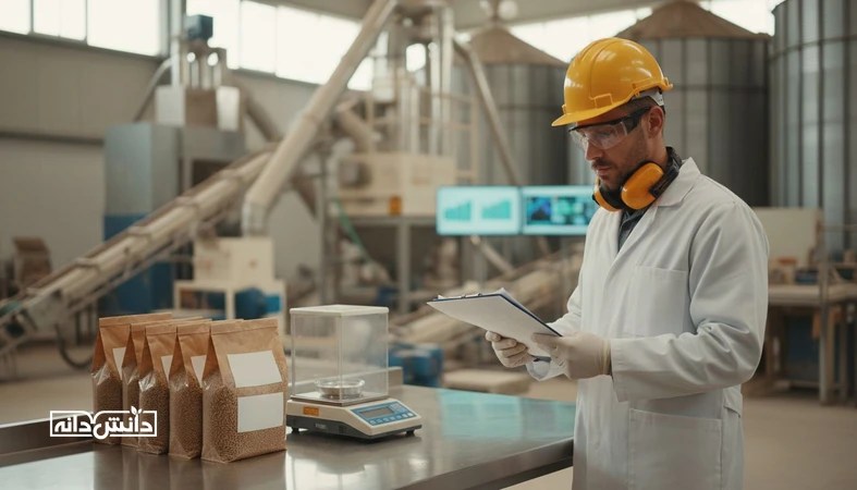 صحنه کنترل کیفیت در کارخانه خوراک با ثبت گزارش عدم انطباق (NCR) و بررسی اقدام اصلاحی CAPA