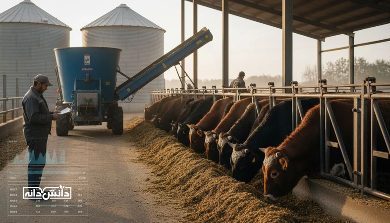 دام پرواری در حال خوردن جیره در دامداری صنعتی با تاکید بر راندمان خوراک و نقش NEm و NEg در کاهش هزینه هر کیلو افزایش وزن